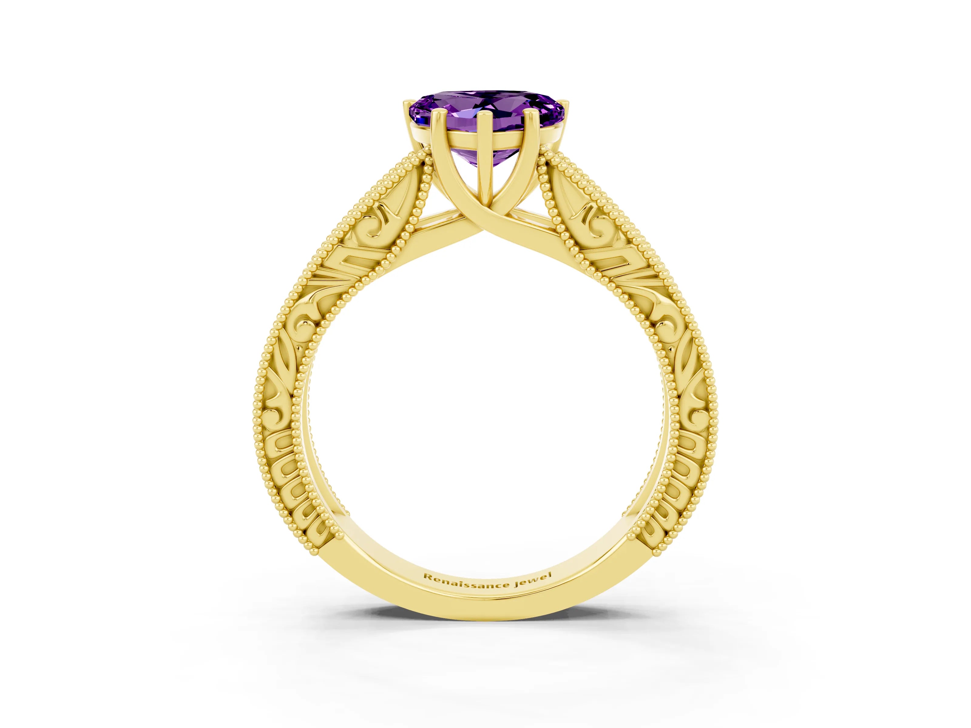 Yellow gold Heart Cut Amethyst Solitaire Ring with Engraved Band and Four-Prong Setting_3