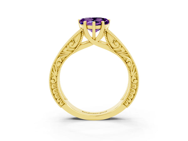 Yellow gold Heart Cut Amethyst Solitaire Ring with Engraved Band and Four-Prong Setting