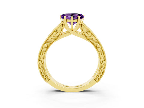 Yellow gold Heart Cut Amethyst Solitaire Ring with Engraved Band and Four-Prong Setting_3