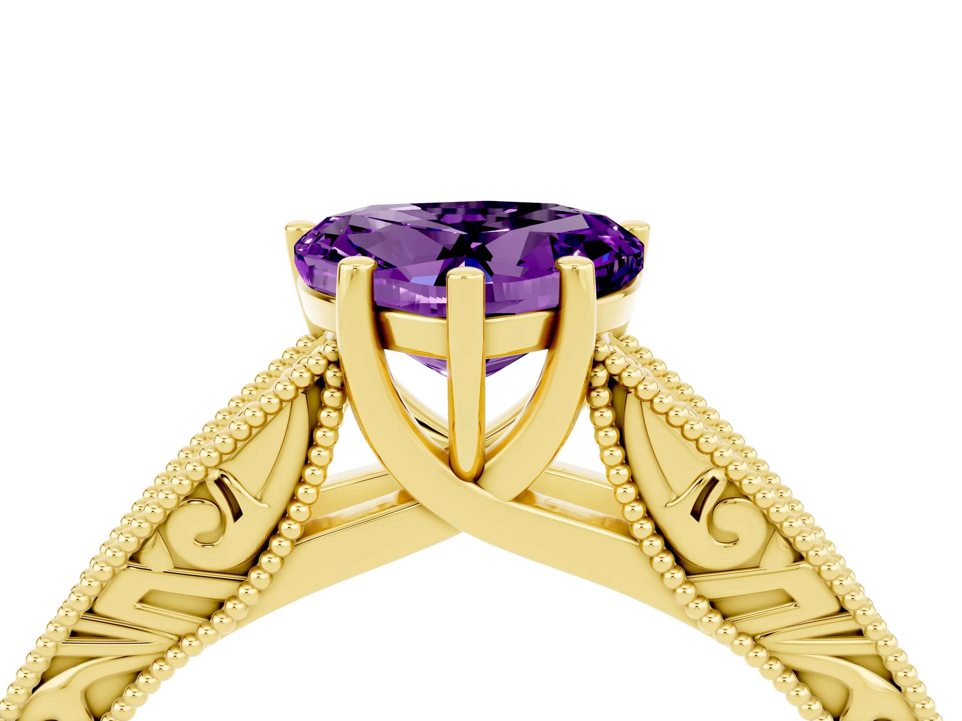 Yellow gold Heart Cut Amethyst Solitaire Ring with Engraved Band and Four-Prong Setting_4