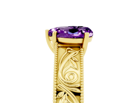 Yellow gold Heart Cut Amethyst Solitaire Ring with Engraved Band and Four-Prong Setting_5
