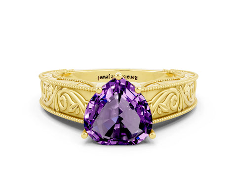 Yellow gold Heart Cut Amethyst Solitaire Ring with Engraved Band and Four-Prong Setting