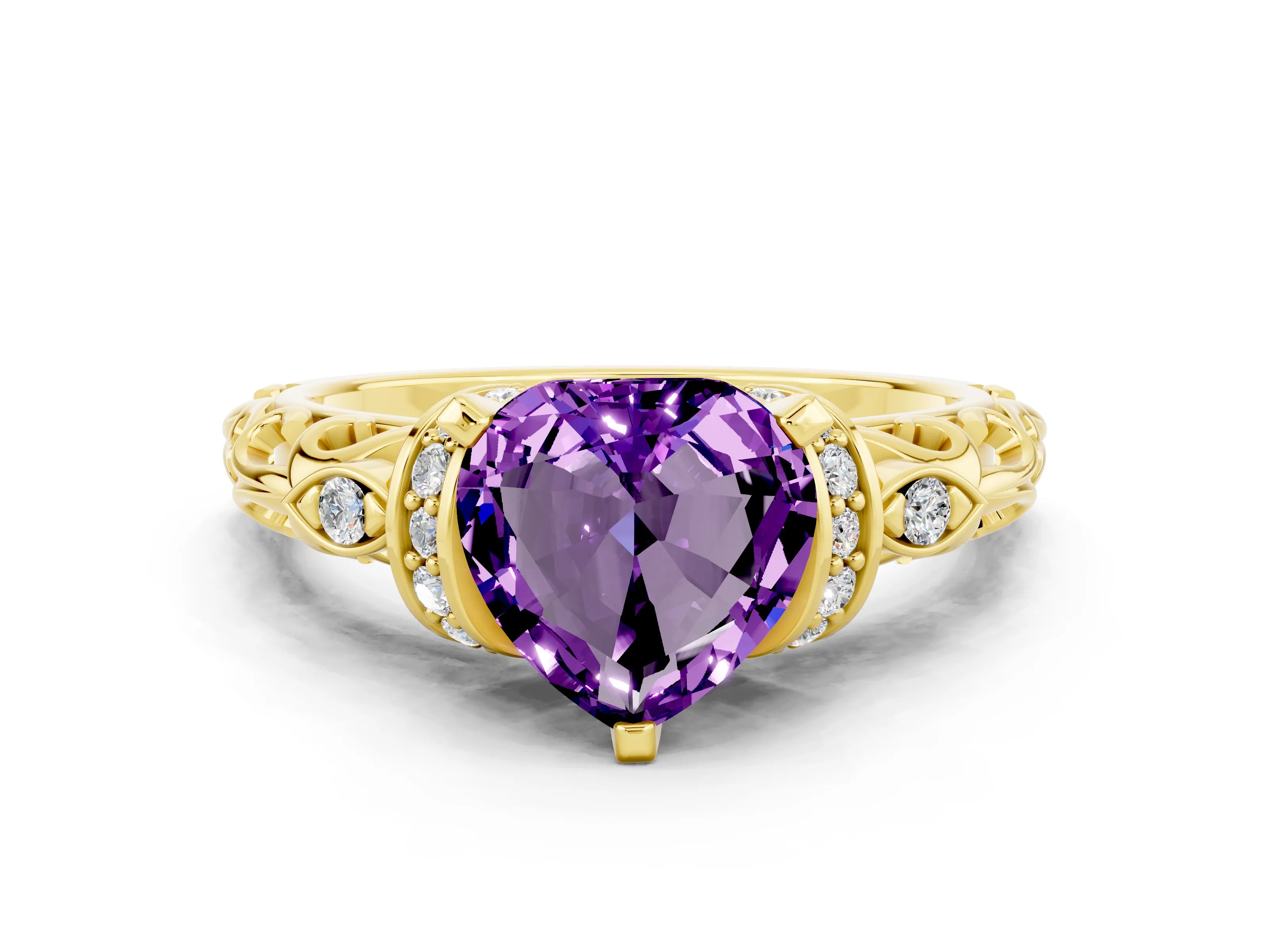 Yellow gold Heart Cut Amethyst Solitaire Ring with Filigree Band and Four-Prong Setting_24