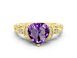 Yellow gold Heart Cut Amethyst Solitaire Ring with Filigree Band and Four-Prong Setting_24