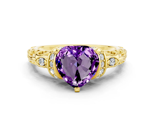 Yellow gold Heart Cut Amethyst Solitaire Ring with Filigree Band and Four-Prong Setting