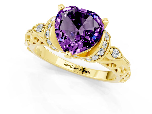 Yellow gold Heart Cut Amethyst Solitaire Ring with Filigree Band and Four-Prong Setting