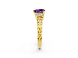 Yellow gold Heart Cut Amethyst Solitaire Ring with Filigree Band and Four-Prong Setting_26