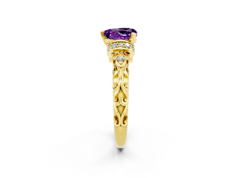 Yellow gold Heart Cut Amethyst Solitaire Ring with Filigree Band and Four-Prong Setting_26