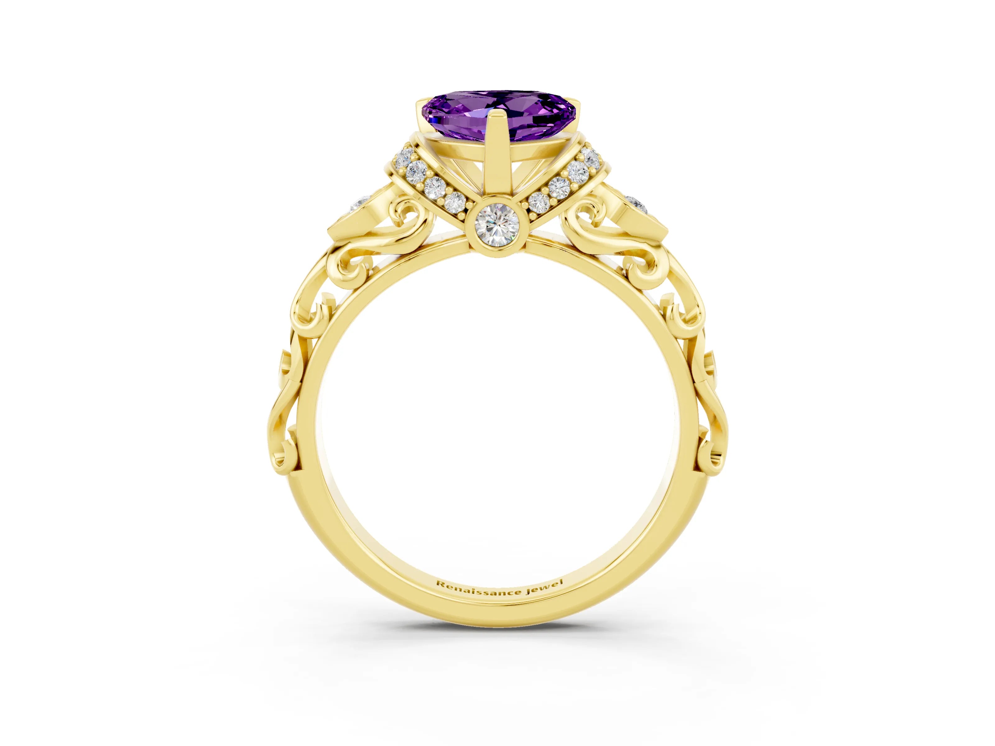 Yellow gold Heart Cut Amethyst Solitaire Ring with Filigree Band and Four-Prong Setting_27