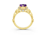 Yellow gold Heart Cut Amethyst Solitaire Ring with Filigree Band and Four-Prong Setting_27