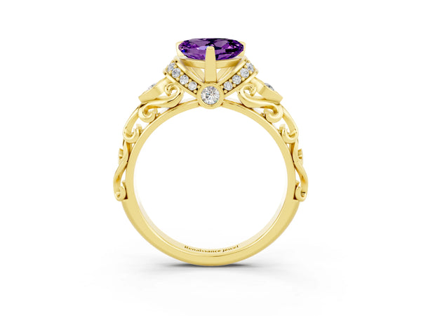 Yellow gold Heart Cut Amethyst Solitaire Ring with Filigree Band and Four-Prong Setting