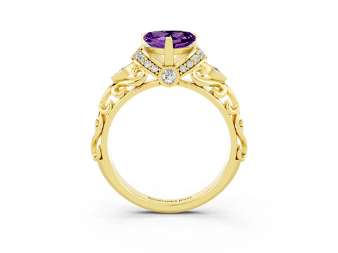 Yellow gold Heart Cut Amethyst Solitaire Ring with Filigree Band and Four-Prong Setting_27