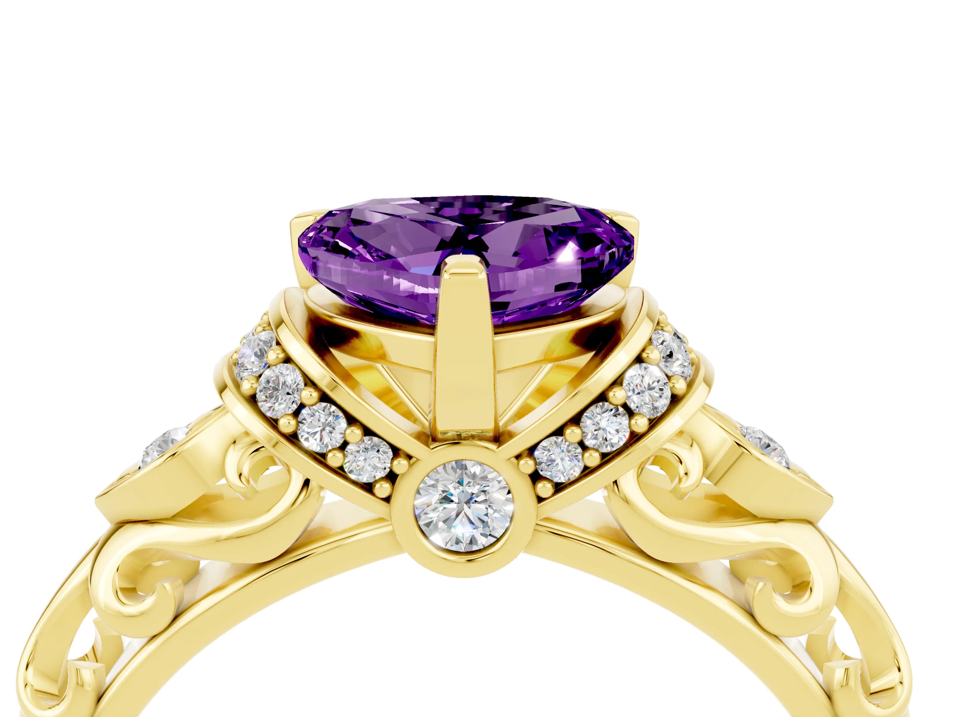Yellow gold Heart Cut Amethyst Solitaire Ring with Filigree Band and Four-Prong Setting_28