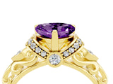 Yellow gold Heart Cut Amethyst Solitaire Ring with Filigree Band and Four-Prong Setting_28