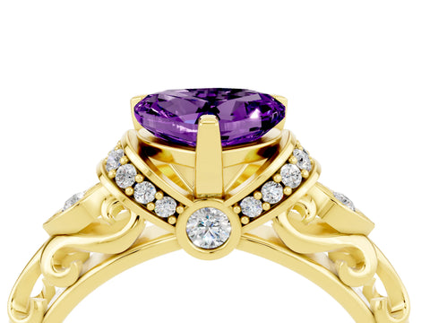 Yellow gold Heart Cut Amethyst Solitaire Ring with Filigree Band and Four-Prong Setting_28