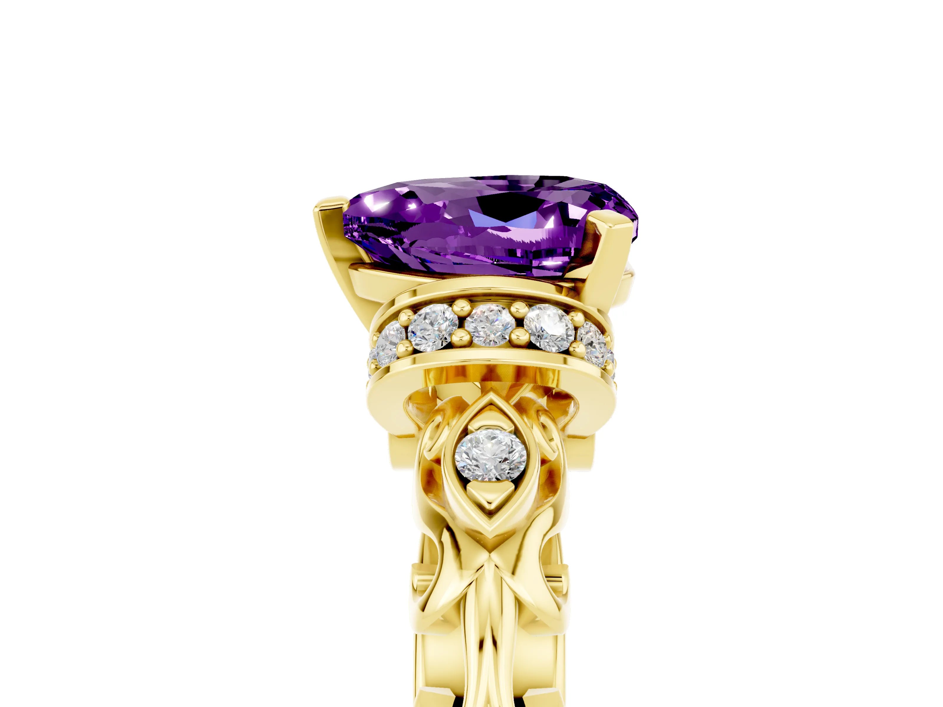 Yellow gold Heart Cut Amethyst Solitaire Ring with Filigree Band and Four-Prong Setting_29