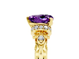 Yellow gold Heart Cut Amethyst Solitaire Ring with Filigree Band and Four-Prong Setting_29