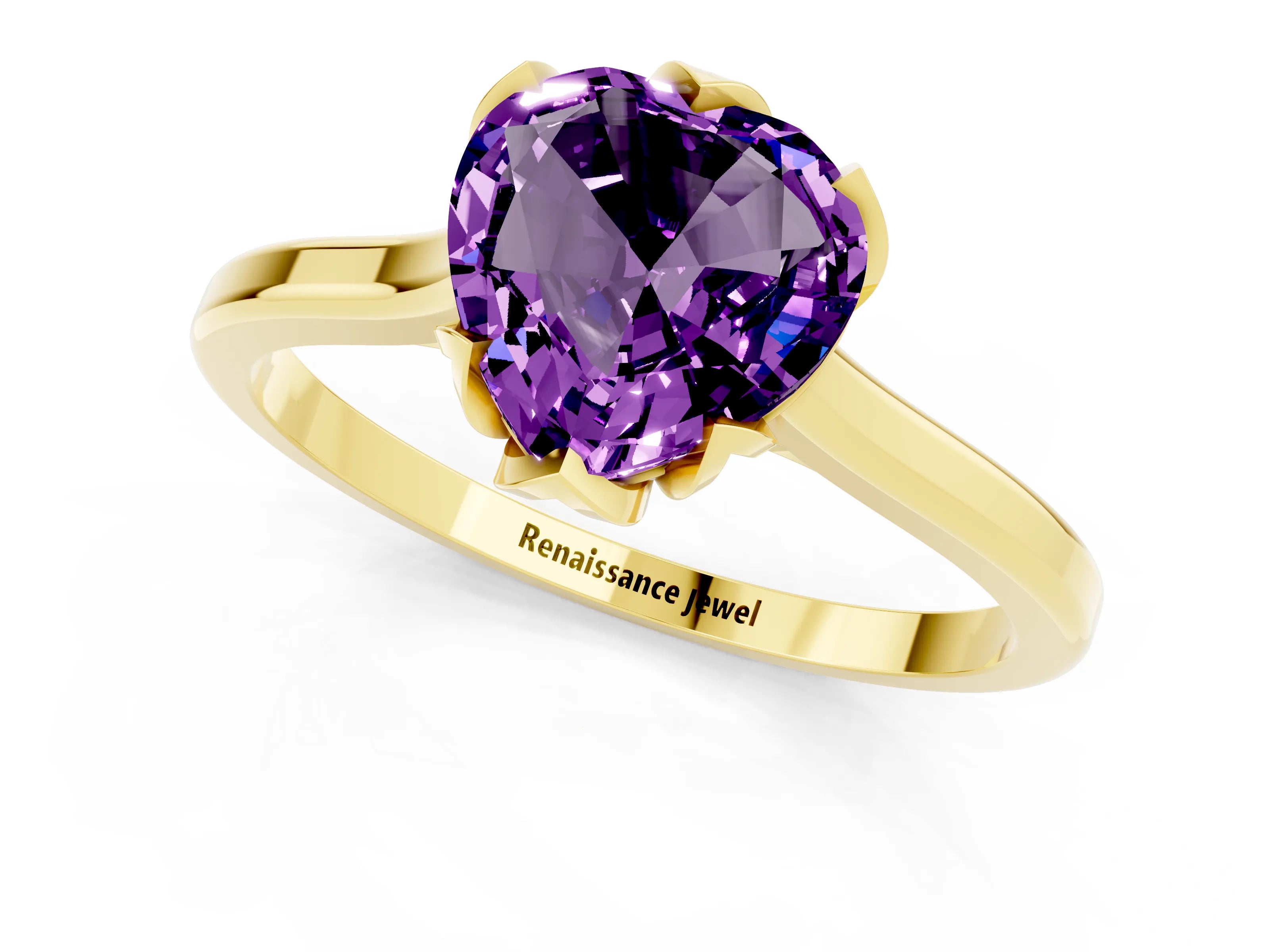 Yellow gold Heart Cut Amethyst Solitaire Ring with Flower Prong Setting and Classic Band_13