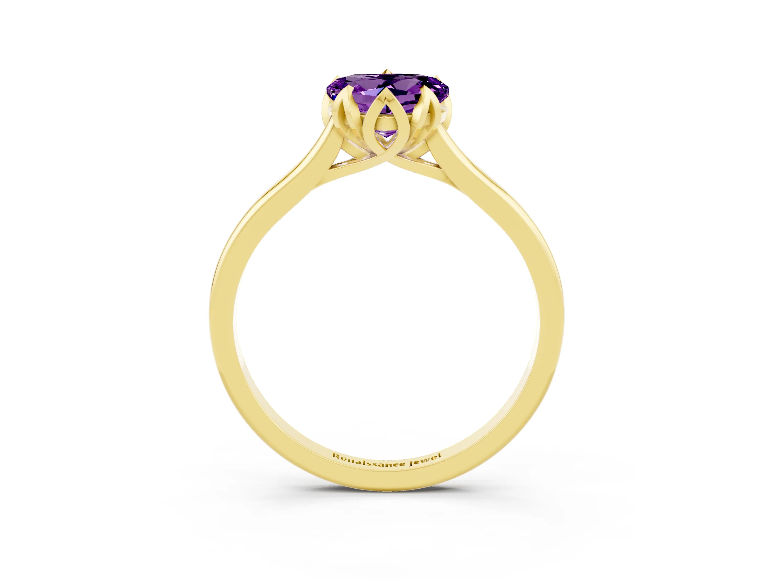 Yellow gold Heart Cut Amethyst Solitaire Ring with Flower Prong Setting and Classic Band_15
