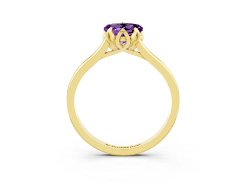 Yellow gold Heart Cut Amethyst Solitaire Ring with Flower Prong Setting and Classic Band_15