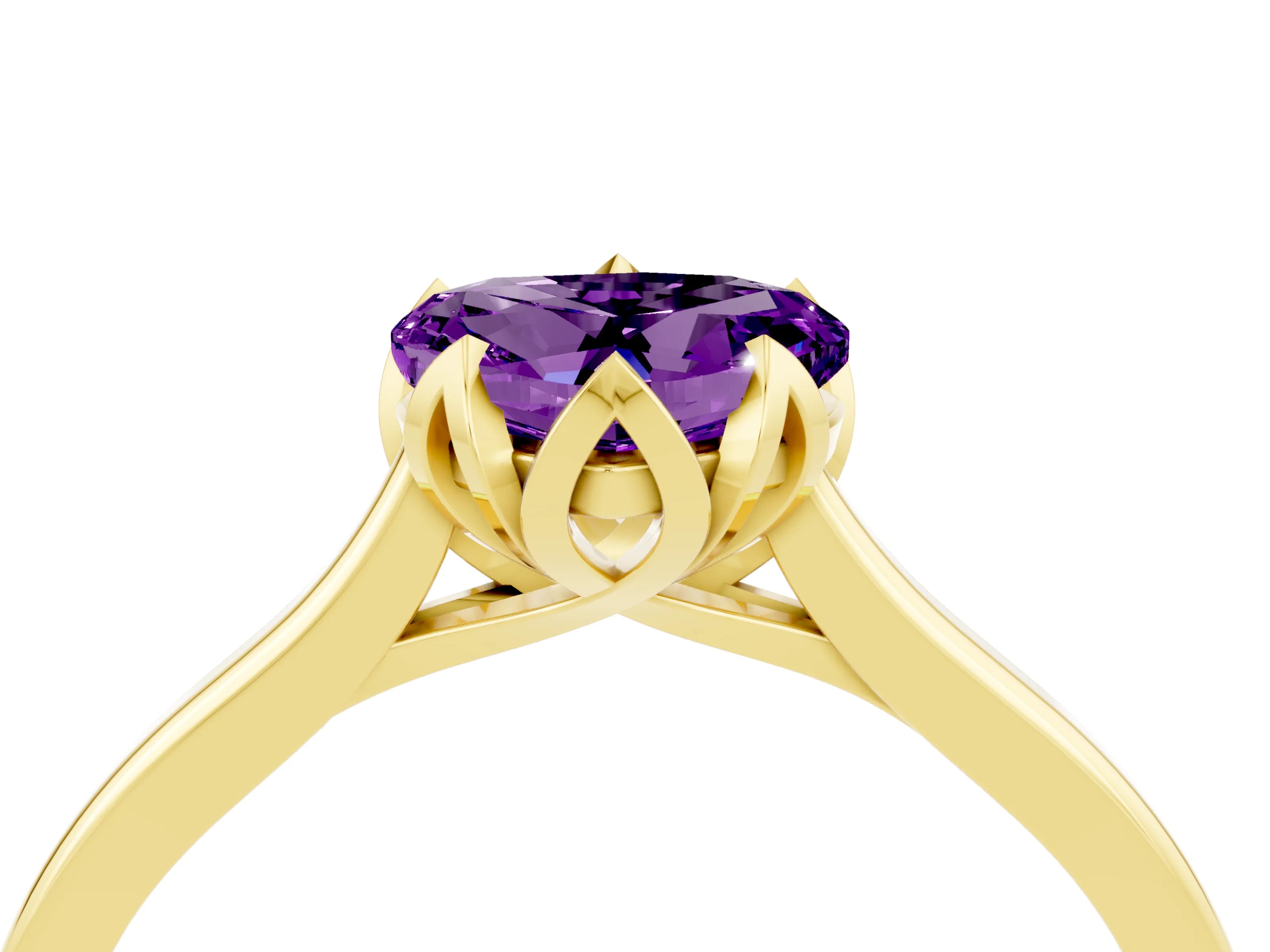 Yellow gold Heart Cut Amethyst Solitaire Ring with Flower Prong Setting and Classic Band_16