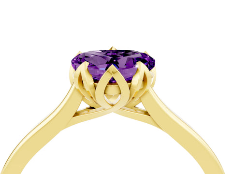 Yellow gold Heart Cut Amethyst Solitaire Ring with Flower Prong Setting and Classic Band_16
