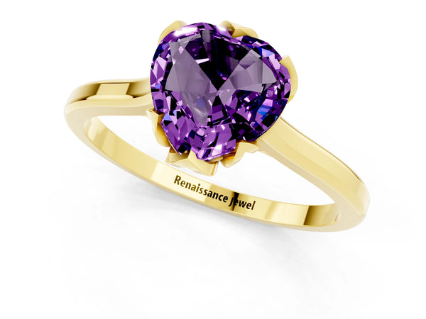 Yellow gold Heart Cut Amethyst Solitaire Ring with Flower Prong Setting and Classic Band
