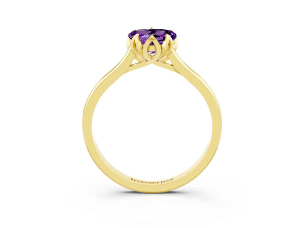 Yellow gold Heart Cut Amethyst Solitaire Ring with Flower Prong Setting and Classic Band