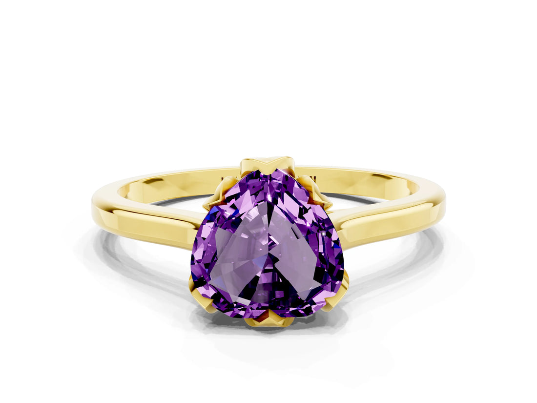 Yellow gold Heart Cut Amethyst Solitaire Ring with Flower Prong Setting and Classic Band_36