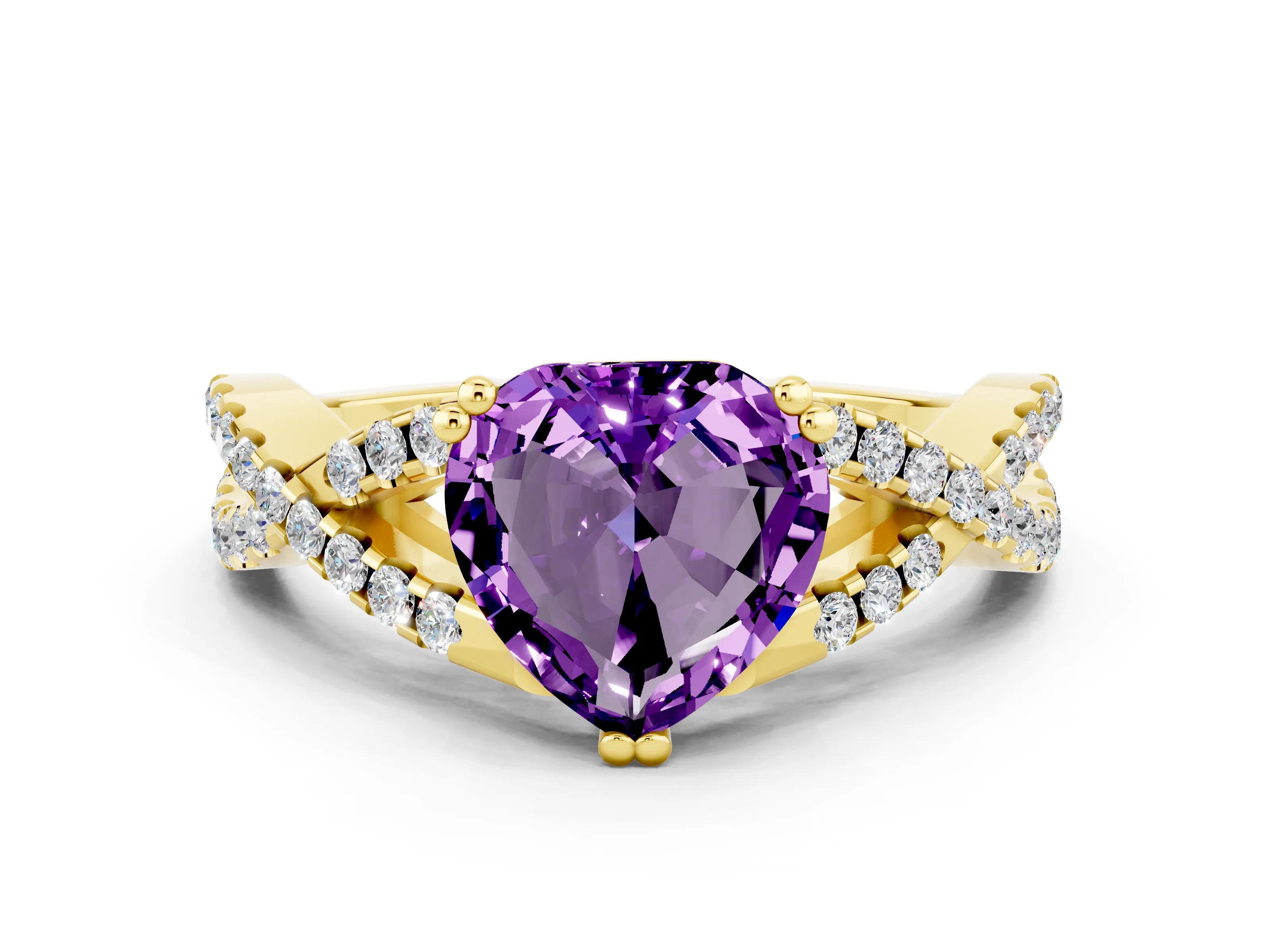 Yellow gold Heart Cut Amethyst Solitaire Ring with Four-Prong Setting and Twisted Pavé Band
