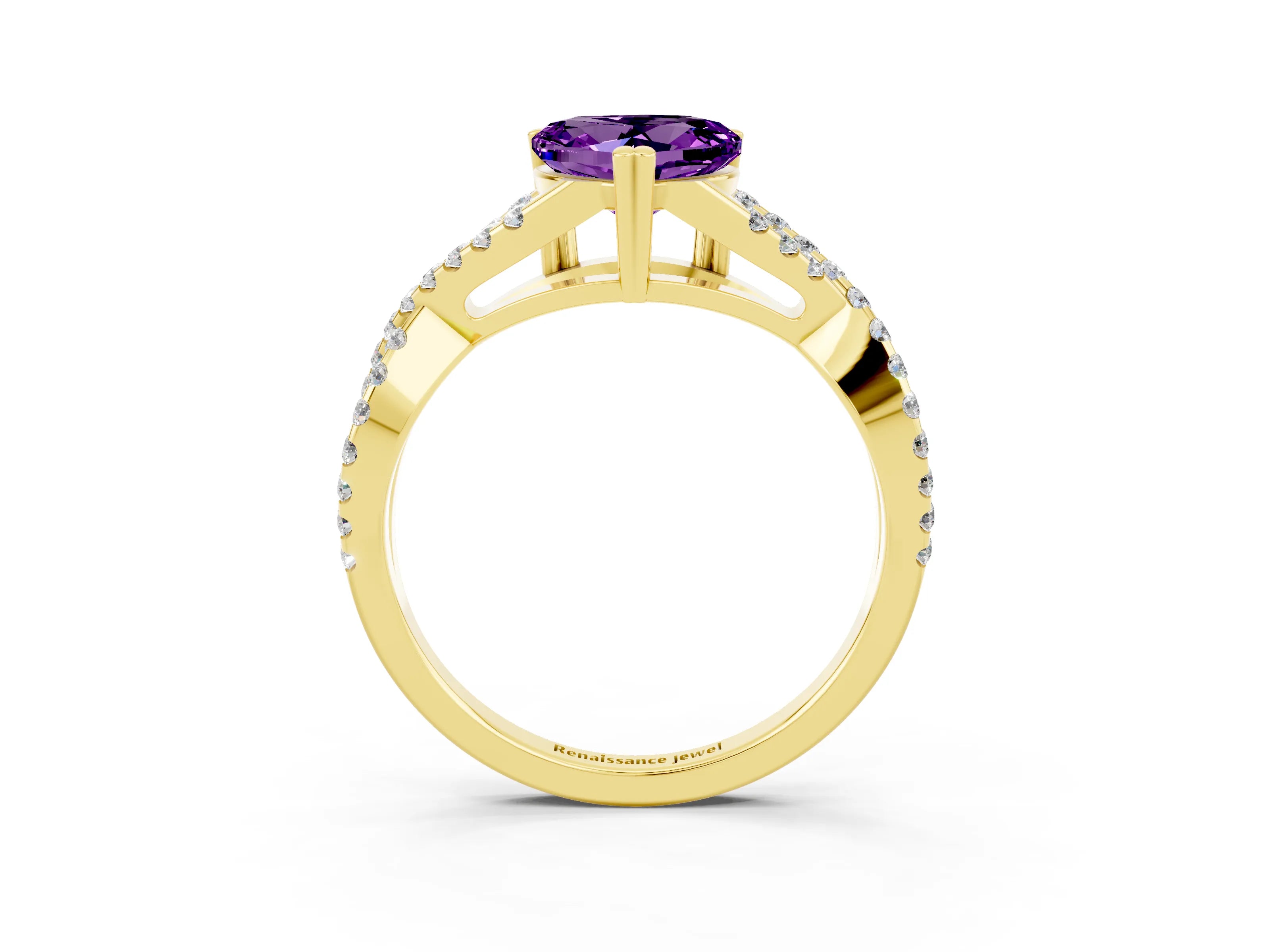 Yellow gold Heart Cut Amethyst Solitaire Ring with Four-Prong Setting and Twisted Pavé Band_3