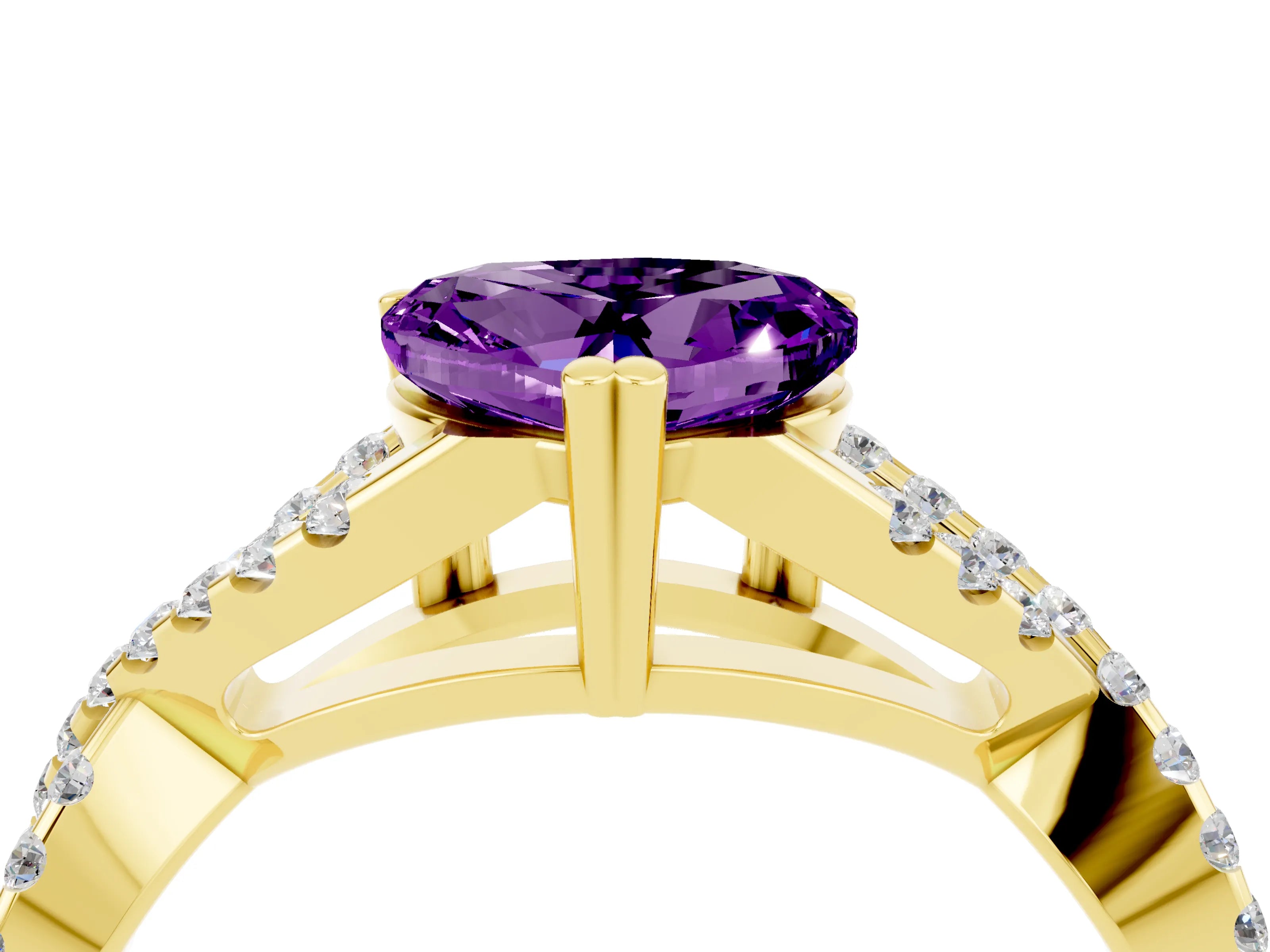 Yellow gold Heart Cut Amethyst Solitaire Ring with Four-Prong Setting and Twisted Pavé Band_4