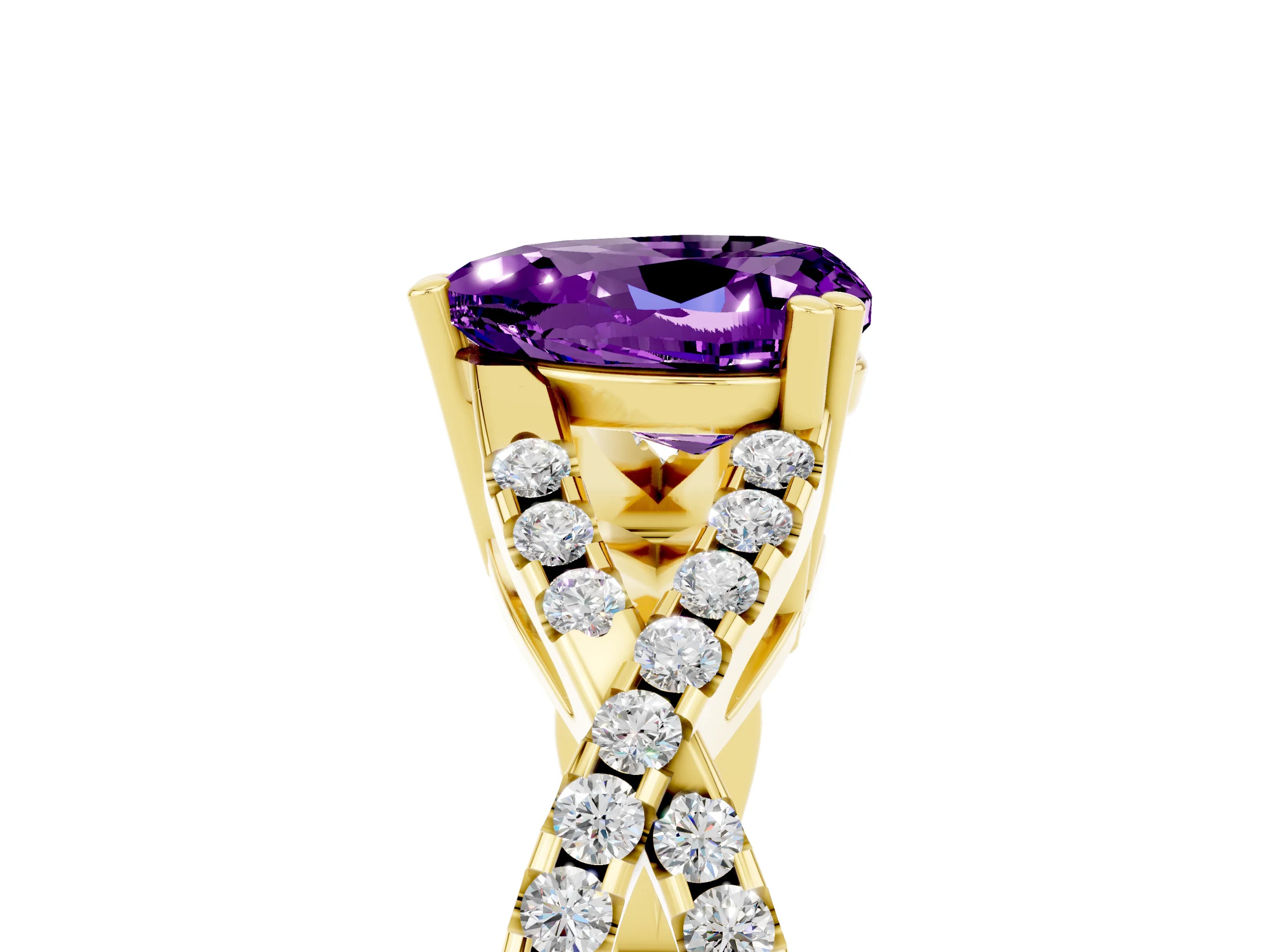 Yellow gold Heart Cut Amethyst Solitaire Ring with Four-Prong Setting and Twisted Pavé Band_5