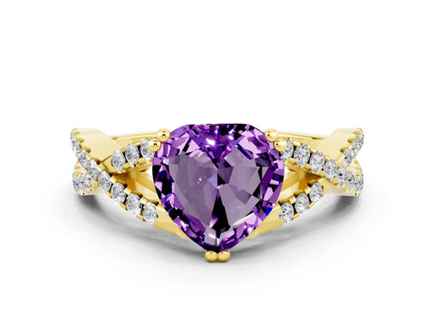 Yellow gold Heart Cut Amethyst Solitaire Ring with Four-Prong Setting and Twisted Pavé Band