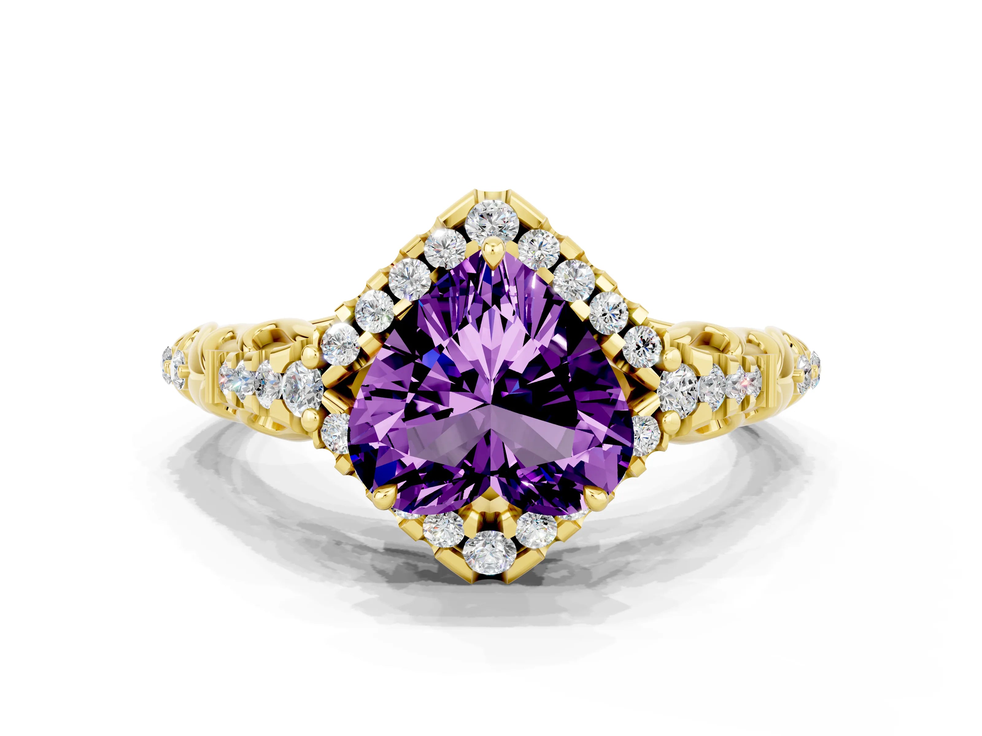 Yellow gold Heart Cut Amethyst Solitaire Ring with Hidden Halo and Pavé Band_12