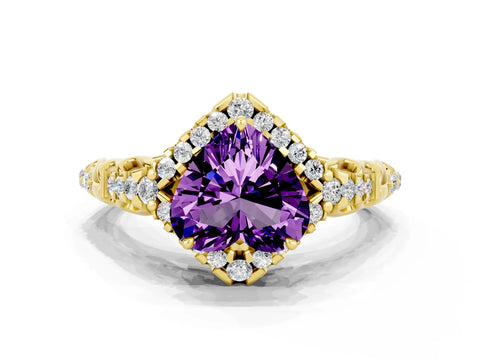Yellow gold Heart Cut Amethyst Solitaire Ring with Hidden Halo and Pavé Band_12