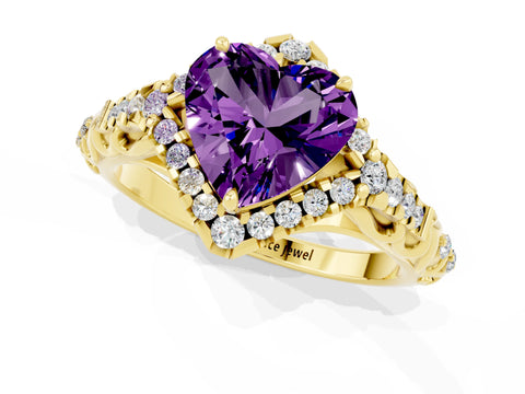 Yellow gold Heart Cut Amethyst Solitaire Ring with Hidden Halo and Pavé Band_13