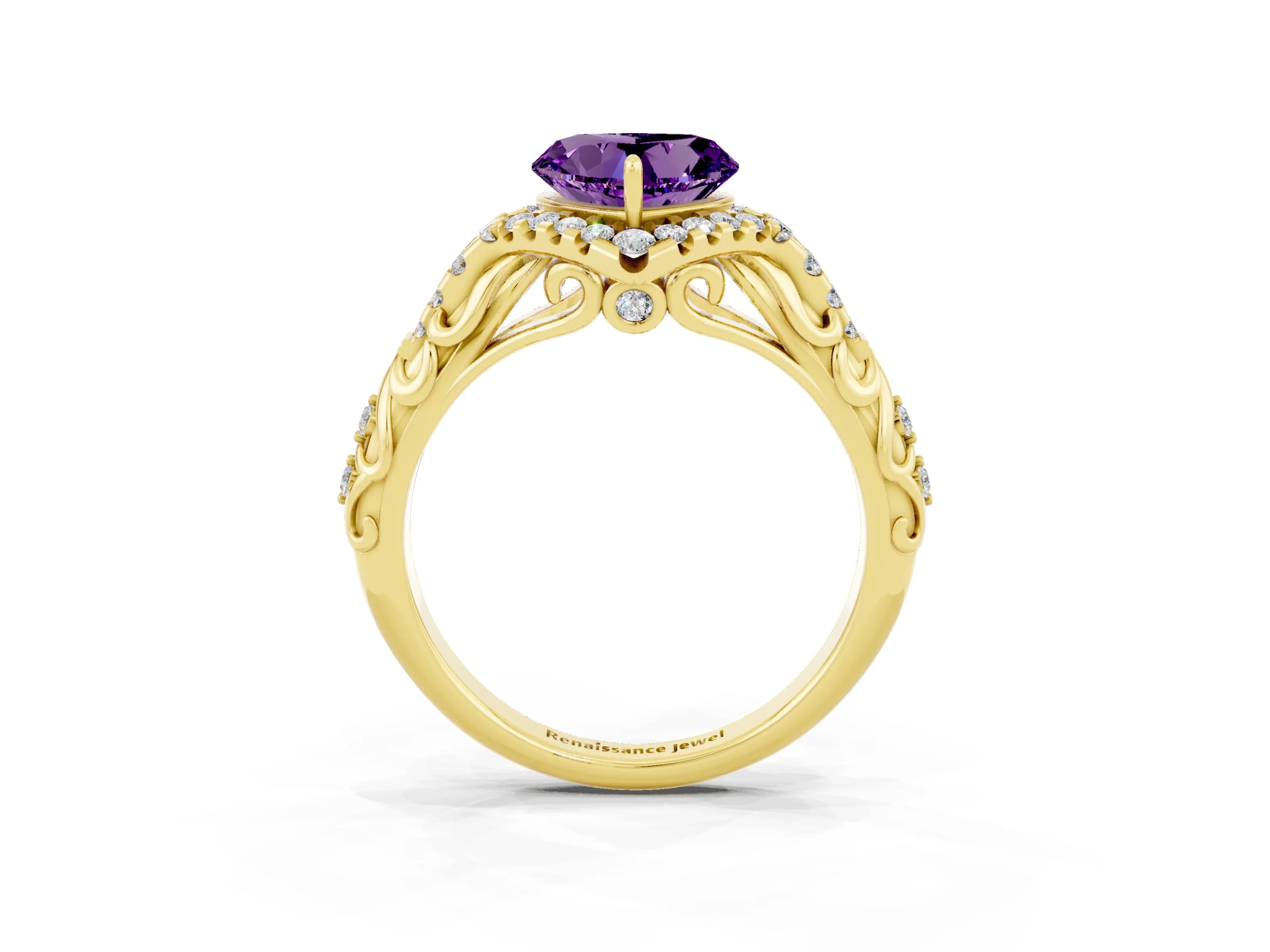 Yellow gold Heart Cut Amethyst Solitaire Ring with Hidden Halo and Pavé Band_15