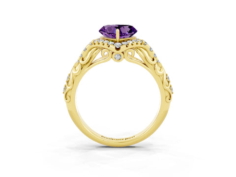 Yellow gold Heart Cut Amethyst Solitaire Ring with Hidden Halo and Pavé Band_15