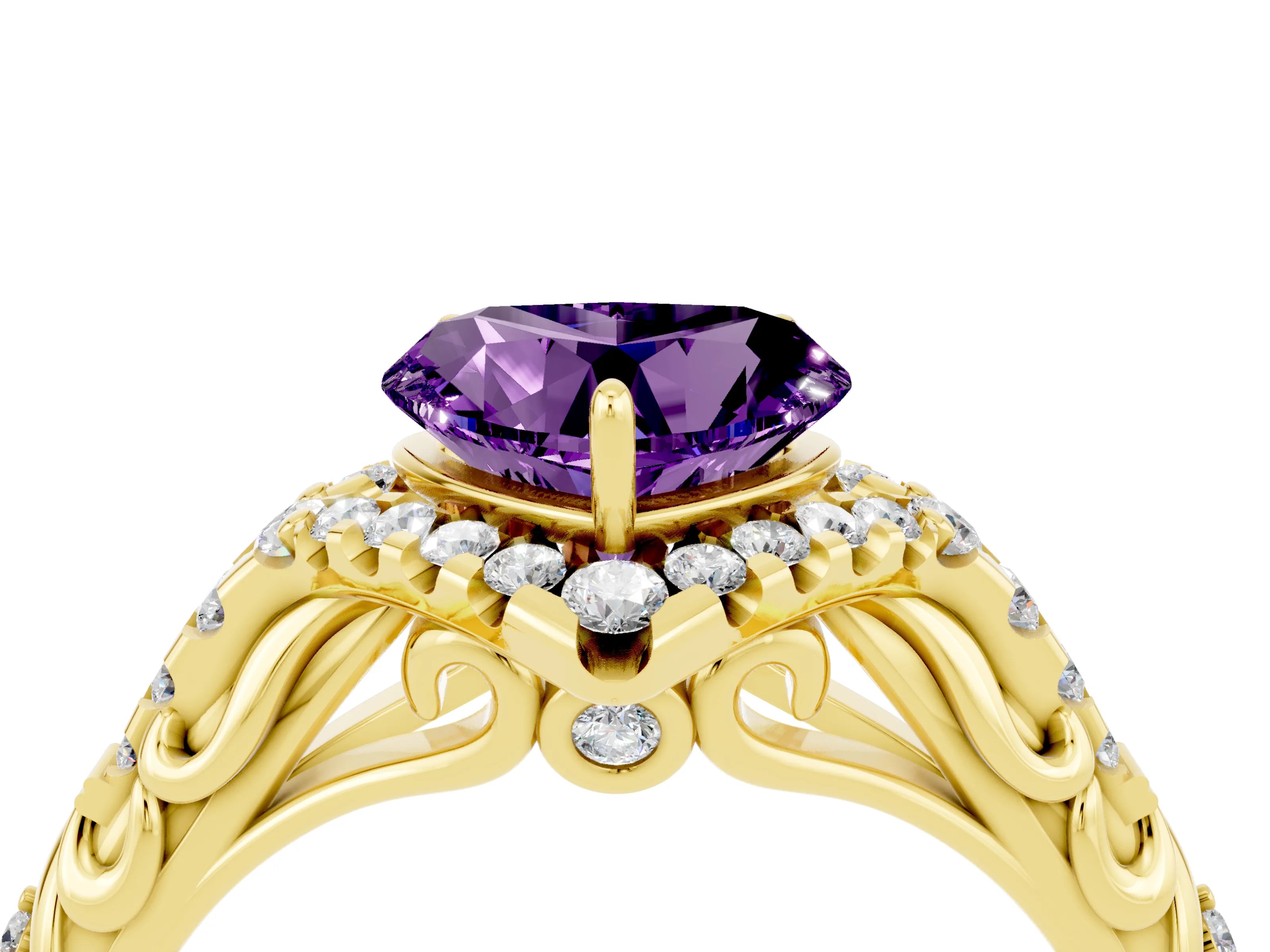 Yellow gold Heart Cut Amethyst Solitaire Ring with Hidden Halo and Pavé Band_16