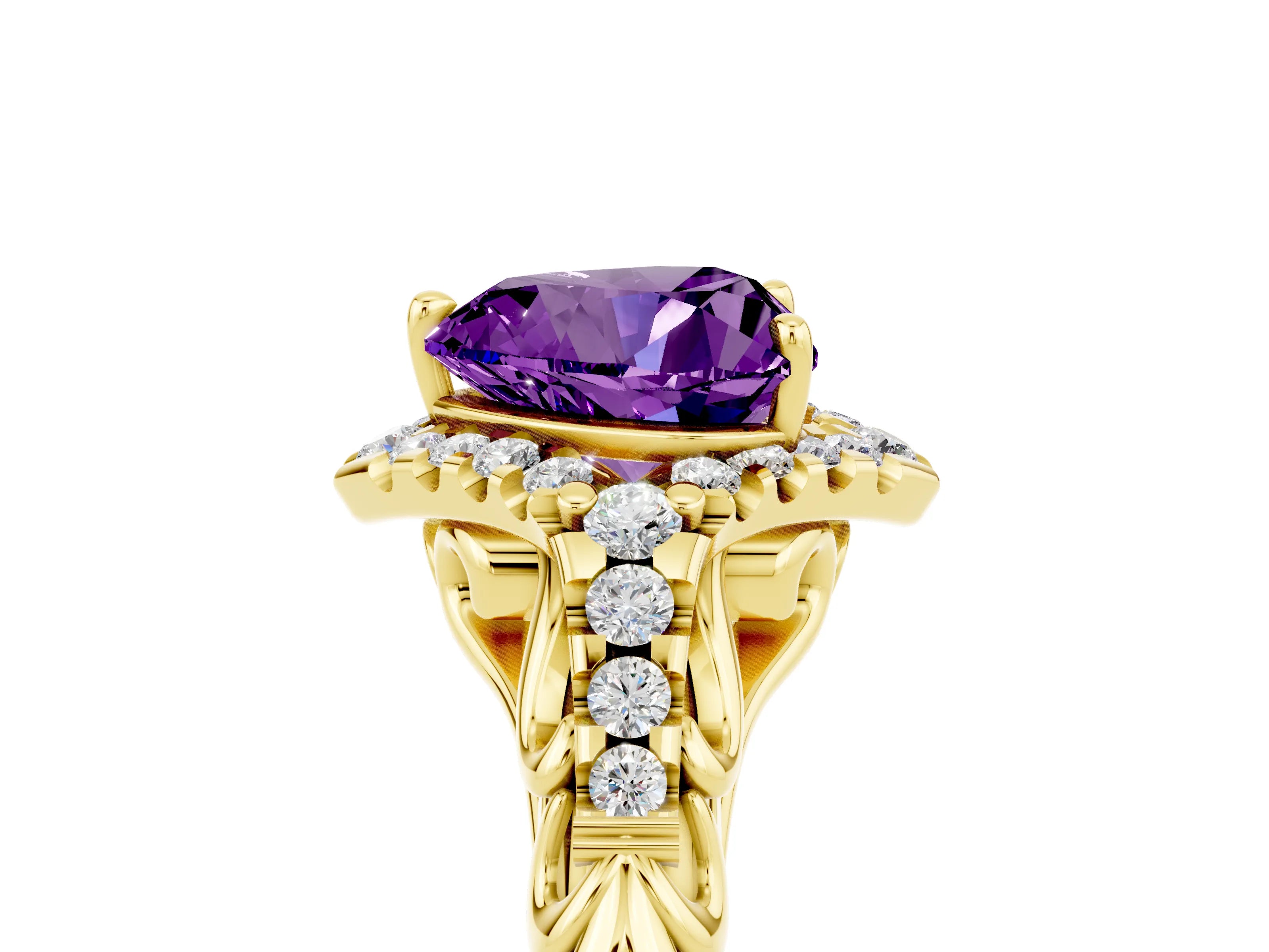 Yellow gold Heart Cut Amethyst Solitaire Ring with Hidden Halo and Pavé Band_17