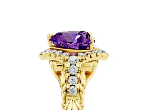 Yellow gold Heart Cut Amethyst Solitaire Ring with Hidden Halo and Pavé Band_17