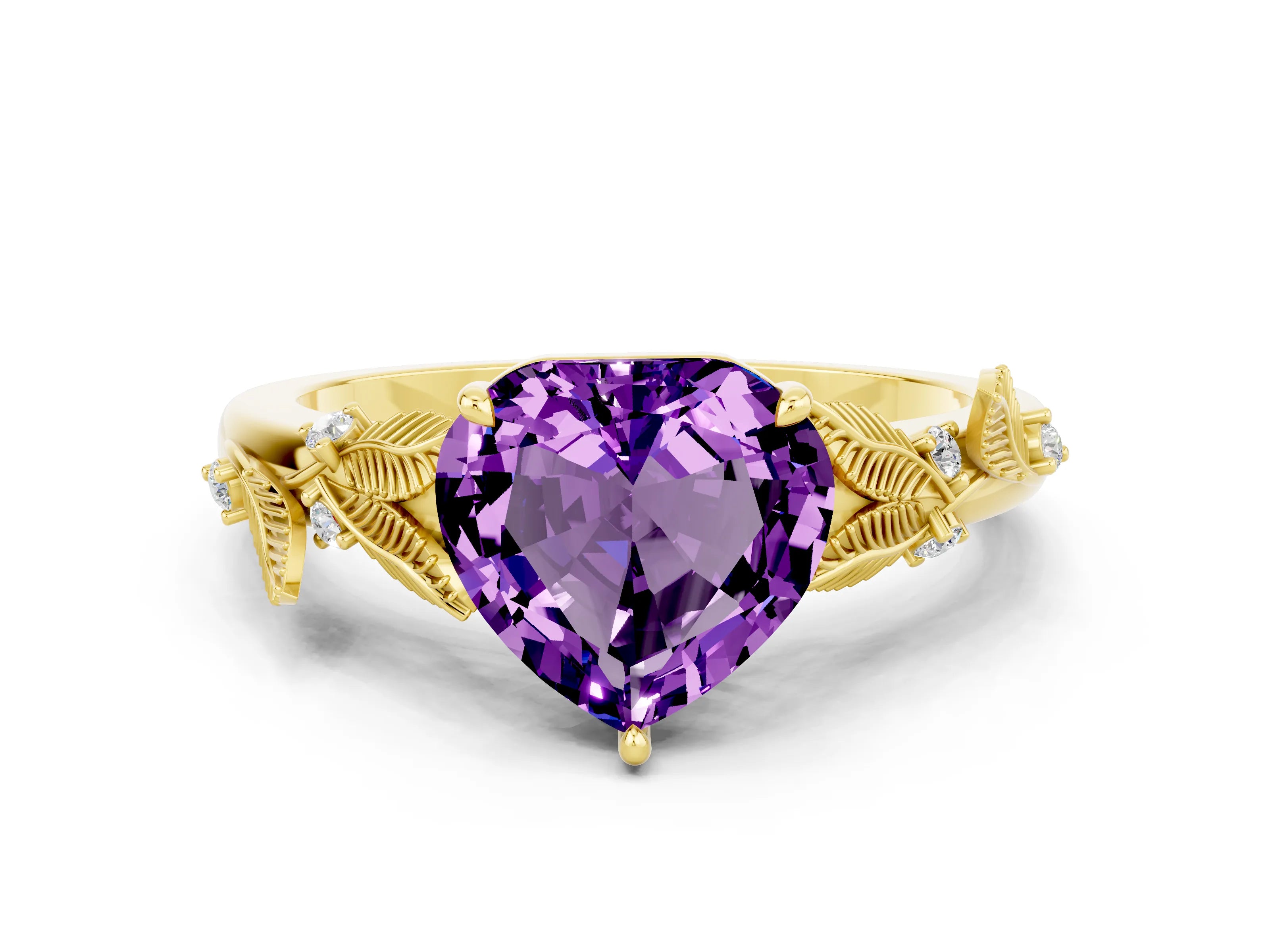 Yellow gold Heart Cut Amethyst Solitaire Ring with Leaf Motif Band and Four-Prong Setting