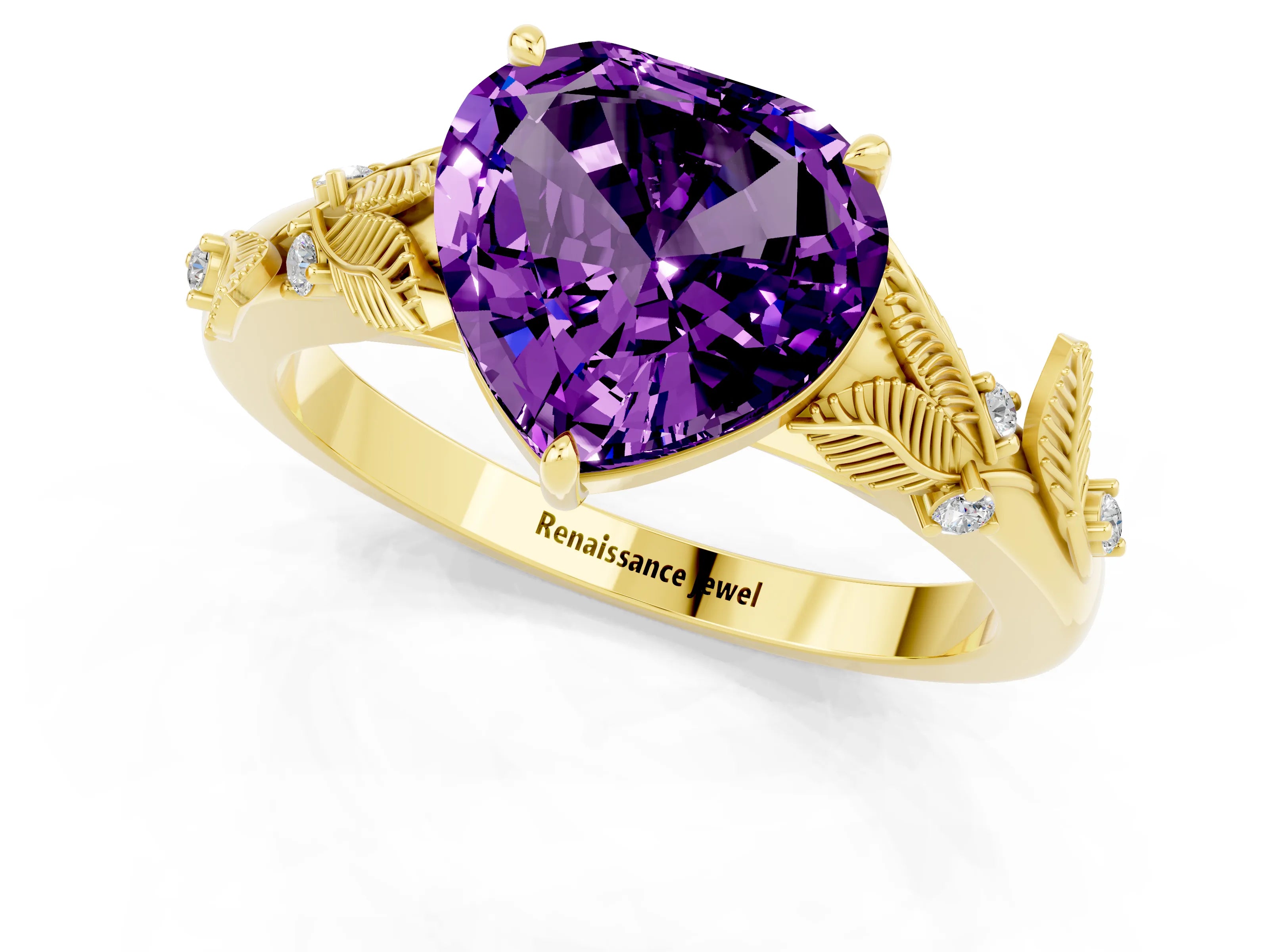 Yellow gold Heart Cut Amethyst Solitaire Ring with Leaf Motif Band and Four-Prong Setting_1