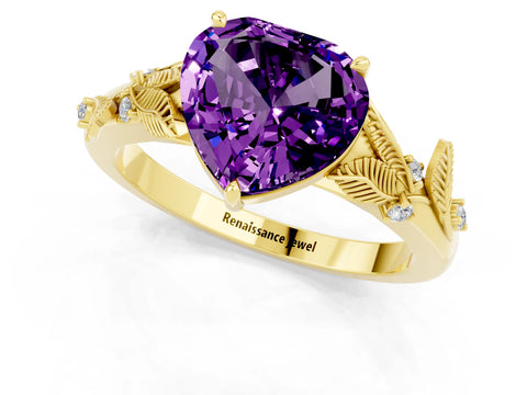 Yellow gold Heart Cut Amethyst Solitaire Ring with Leaf Motif Band and Four-Prong Setting_1