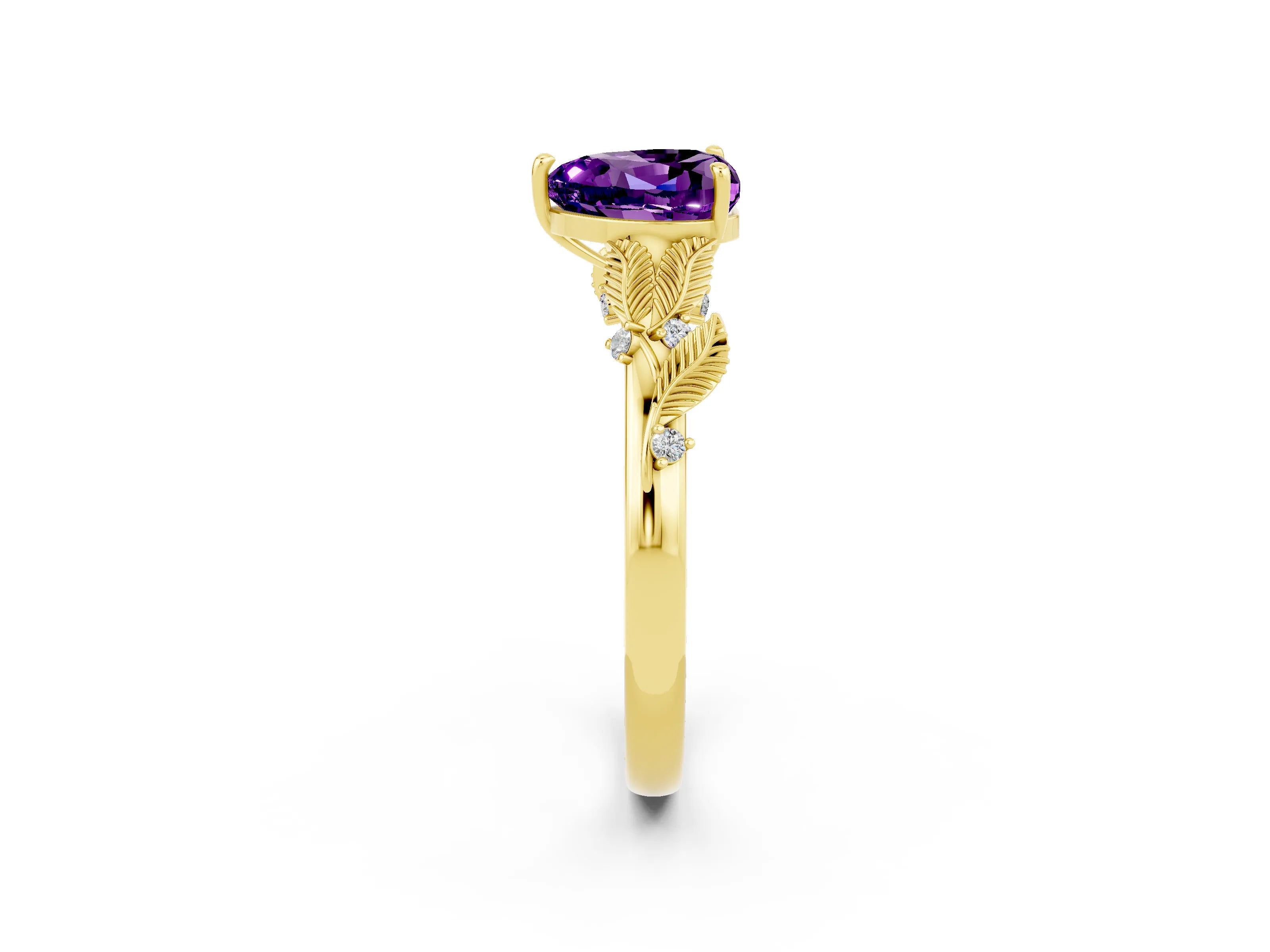 Yellow gold Heart Cut Amethyst Solitaire Ring with Leaf Motif Band and Four-Prong Setting_2