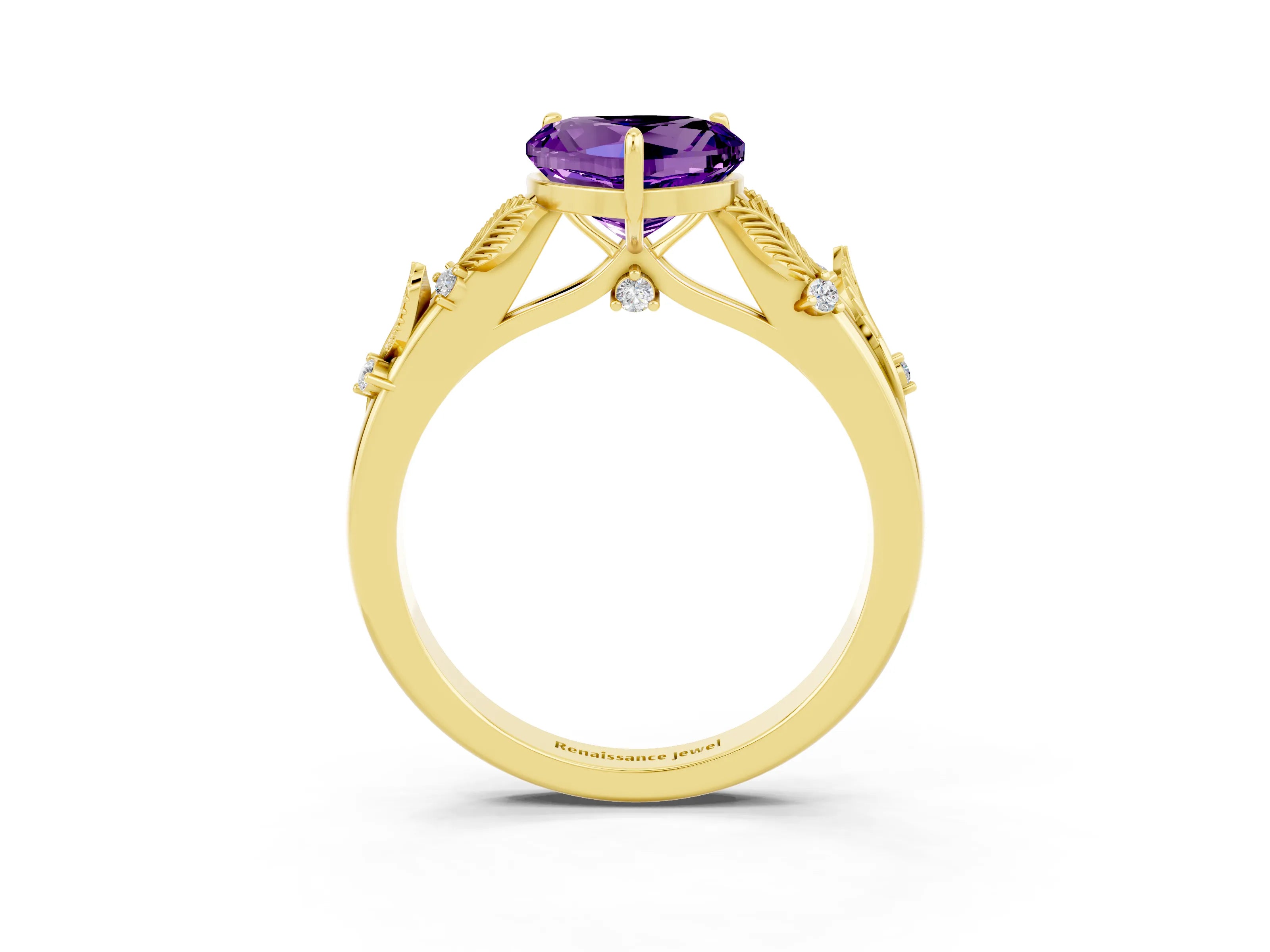 Yellow gold Heart Cut Amethyst Solitaire Ring with Leaf Motif Band and Four-Prong Setting_3