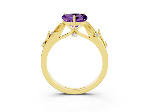Yellow gold Heart Cut Amethyst Solitaire Ring with Leaf Motif Band and Four-Prong Setting_3