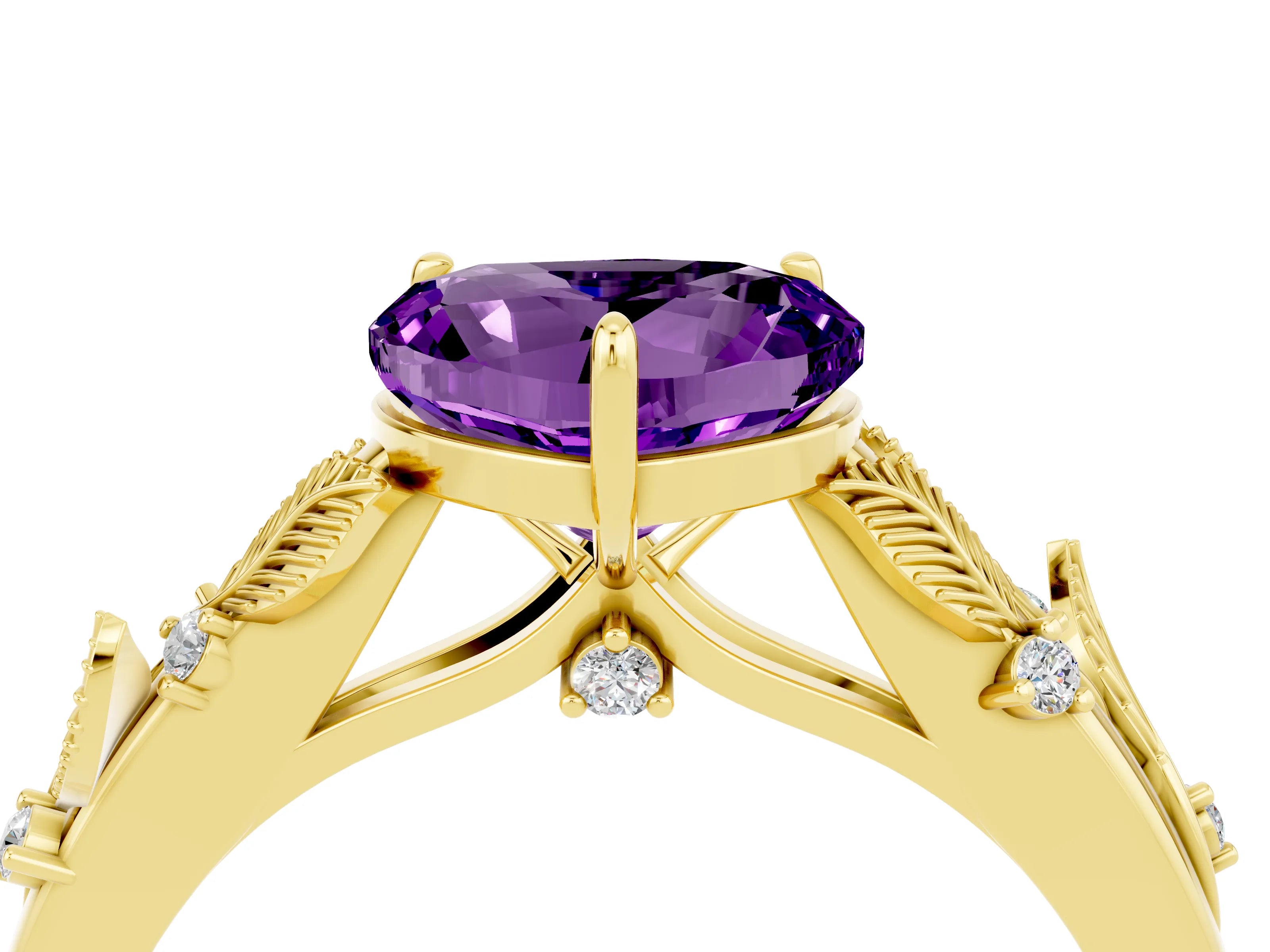Yellow gold Heart Cut Amethyst Solitaire Ring with Leaf Motif Band and Four-Prong Setting_4