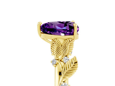 Yellow gold Heart Cut Amethyst Solitaire Ring with Leaf Motif Band and Four-Prong Setting_5